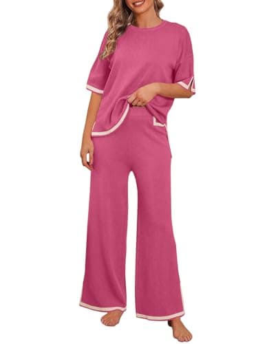 Women's 2 Piece Sweater Set with Short Sleeve Pullover and Wide Leg Pants