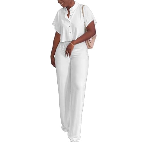 HBQ Women's Summer Casual 2-Piece Tracksuit Crop Top Wide Leg Pants