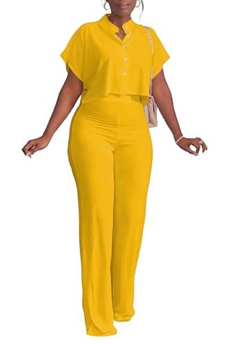 HBQ Women's Summer Casual 2-Piece Tracksuit Crop Top Wide Leg Pants