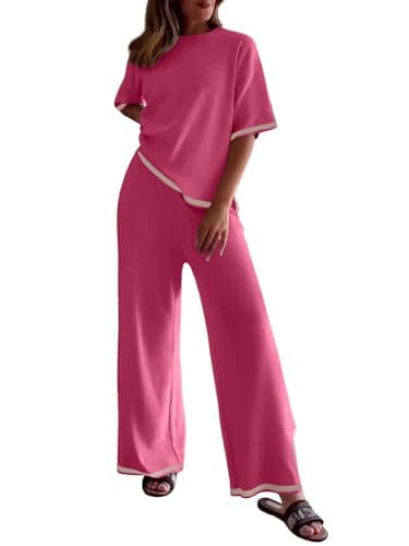 Women's 2 Piece Sweater Set with Short Sleeve Pullover and Wide Leg Pants