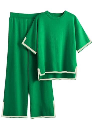 Women's 2 Piece Sweater Set with Short Sleeve Pullover and Wide Leg Pants