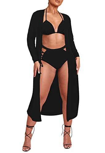 Women's Printed 3 Piece High Waist Bikini Maxi Swimsuit Cover Up