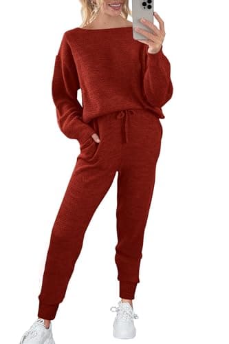 Womens 2 Piece Knit Pullover Sweater And Long Pants Tracksuit Sets