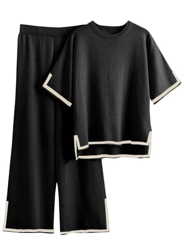 Women's 2 Piece Sweater Set with Short Sleeve Pullover and Wide Leg Pants