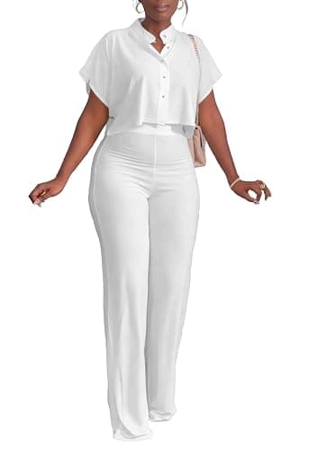 HBQ Women's Summer Casual 2-Piece Tracksuit Crop Top Wide Leg Pants