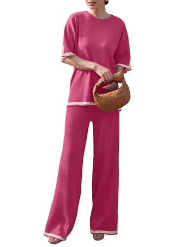 Women's 2 Piece Sweater Set with Short Sleeve Pullover and Wide Leg Pants