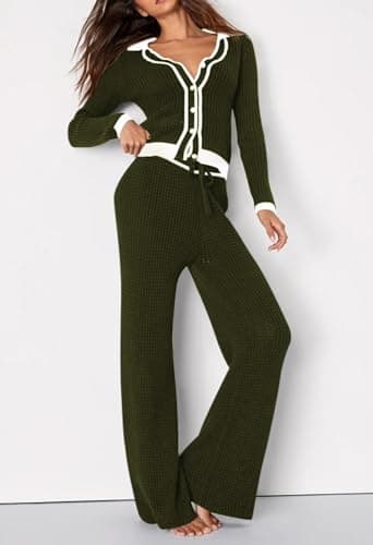 Women's 2 Piece Lounge Set, Long Sleeve Button Sweatshirt and Wide Leg Sweatpants