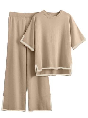 Women's 2 Piece Sweater Set with Short Sleeve Pullover and Wide Leg Pants
