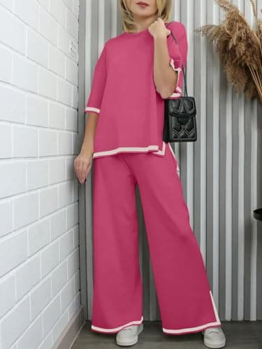 Women's 2 Piece Sweater Set with Short Sleeve Pullover and Wide Leg Pants