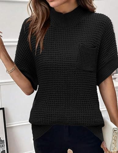 Zeagoo 2024 Women's Oversized Ribbed Knit Sweater Vest - Mock Neck, Batwing Short Sleeve, Fall Pullover (S-XXL)