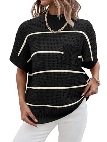 Zeagoo 2024 Women's Oversized Ribbed Knit Sweater Vest - Mock Neck, Batwing Short Sleeve, Fall Pullover (S-XXL)