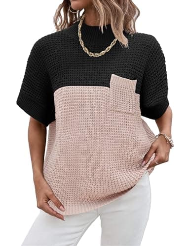 Zeagoo 2024 Women's Oversized Ribbed Knit Sweater Vest - Mock Neck, Batwing Short Sleeve, Fall Pullover (S-XXL)