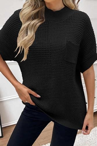 Zeagoo 2024 Women's Oversized Ribbed Knit Sweater Vest - Mock Neck, Batwing Short Sleeve, Fall Pullover (S-XXL)