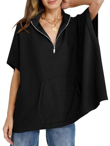 Langwyqu Women's Oversized Half Zip Batwing Sweater with Pocket