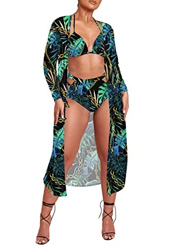 Women's Printed 3 Piece High Waist Bikini Maxi Swimsuit Cover Up