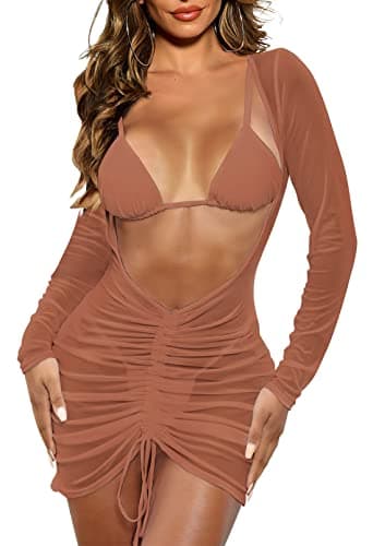 Viottiset Women's Mesh Ruched Swimsuit Cover Up Dress