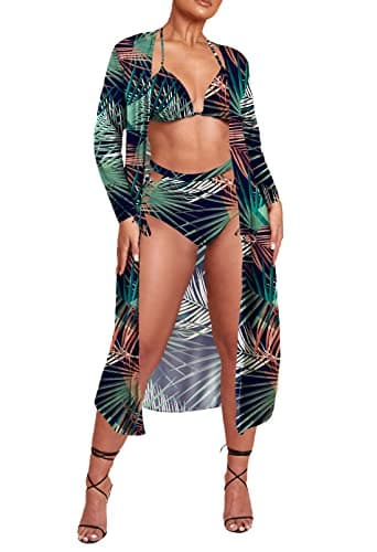 Women's Printed 3 Piece High Waist Bikini Maxi Swimsuit Cover Up
