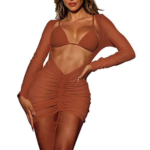 Viottiset Women's Mesh Ruched Swimsuit Cover Up Dress