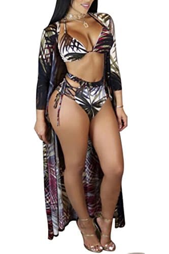 Women's Printed 3 Piece High Waist Bikini Maxi Swimsuit Cover Up