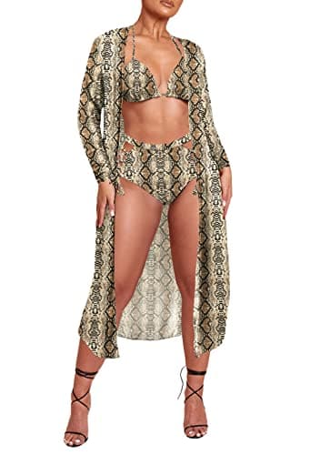 Women's Printed 3 Piece High Waist Bikini Maxi Swimsuit Cover Up