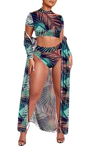 Women's Printed 3 Piece High Waist Bikini Maxi Swimsuit Cover Up