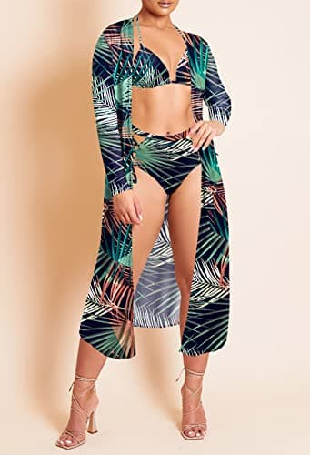 Women's Printed 3 Piece High Waist Bikini Maxi Swimsuit Cover Up