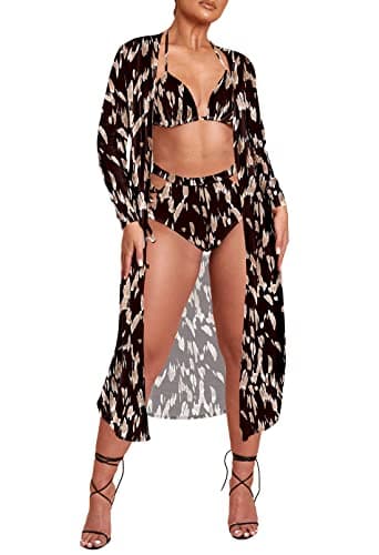 Women's Printed 3 Piece High Waist Bikini Maxi Swimsuit Cover Up