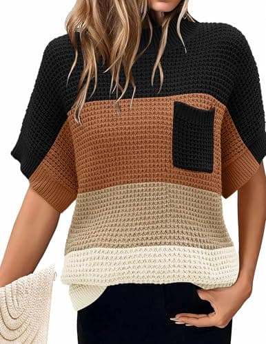 Zeagoo 2024 Women's Oversized Ribbed Knit Sweater Vest - Mock Neck, Batwing Short Sleeve, Fall Pullover (S-XXL)