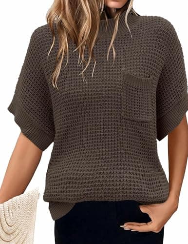 Zeagoo 2024 Women's Oversized Ribbed Knit Sweater Vest - Mock Neck, Batwing Short Sleeve, Fall Pullover (S-XXL)