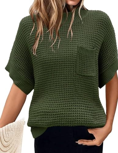 Zeagoo 2024 Women's Oversized Ribbed Knit Sweater Vest - Mock Neck, Batwing Short Sleeve, Fall Pullover (S-XXL)