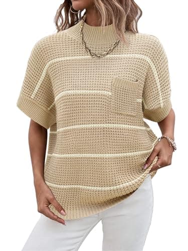 Zeagoo 2024 Women's Oversized Ribbed Knit Sweater Vest - Mock Neck, Batwing Short Sleeve, Fall Pullover (S-XXL)
