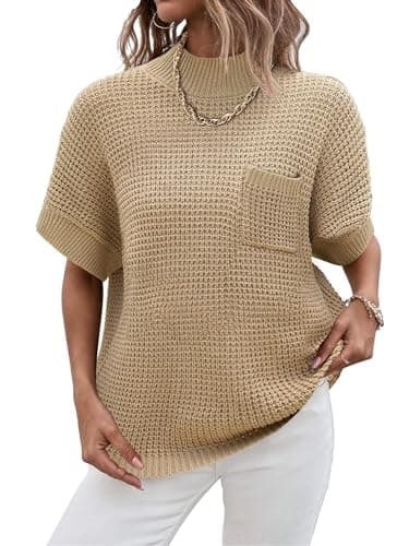 Zeagoo 2024 Women's Oversized Ribbed Knit Sweater Vest - Mock Neck, Batwing Short Sleeve, Fall Pullover (S-XXL)