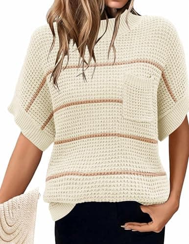 Zeagoo 2024 Women's Oversized Ribbed Knit Sweater Vest - Mock Neck, Batwing Short Sleeve, Fall Pullover (S-XXL)