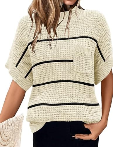 Zeagoo 2024 Women's Oversized Ribbed Knit Sweater Vest - Mock Neck, Batwing Short Sleeve, Fall Pullover (S-XXL)