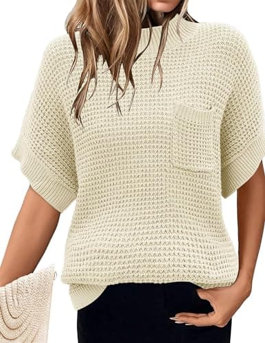 Zeagoo 2024 Women's Oversized Ribbed Knit Sweater Vest - Mock Neck, Batwing Short Sleeve, Fall Pullover (S-XXL)