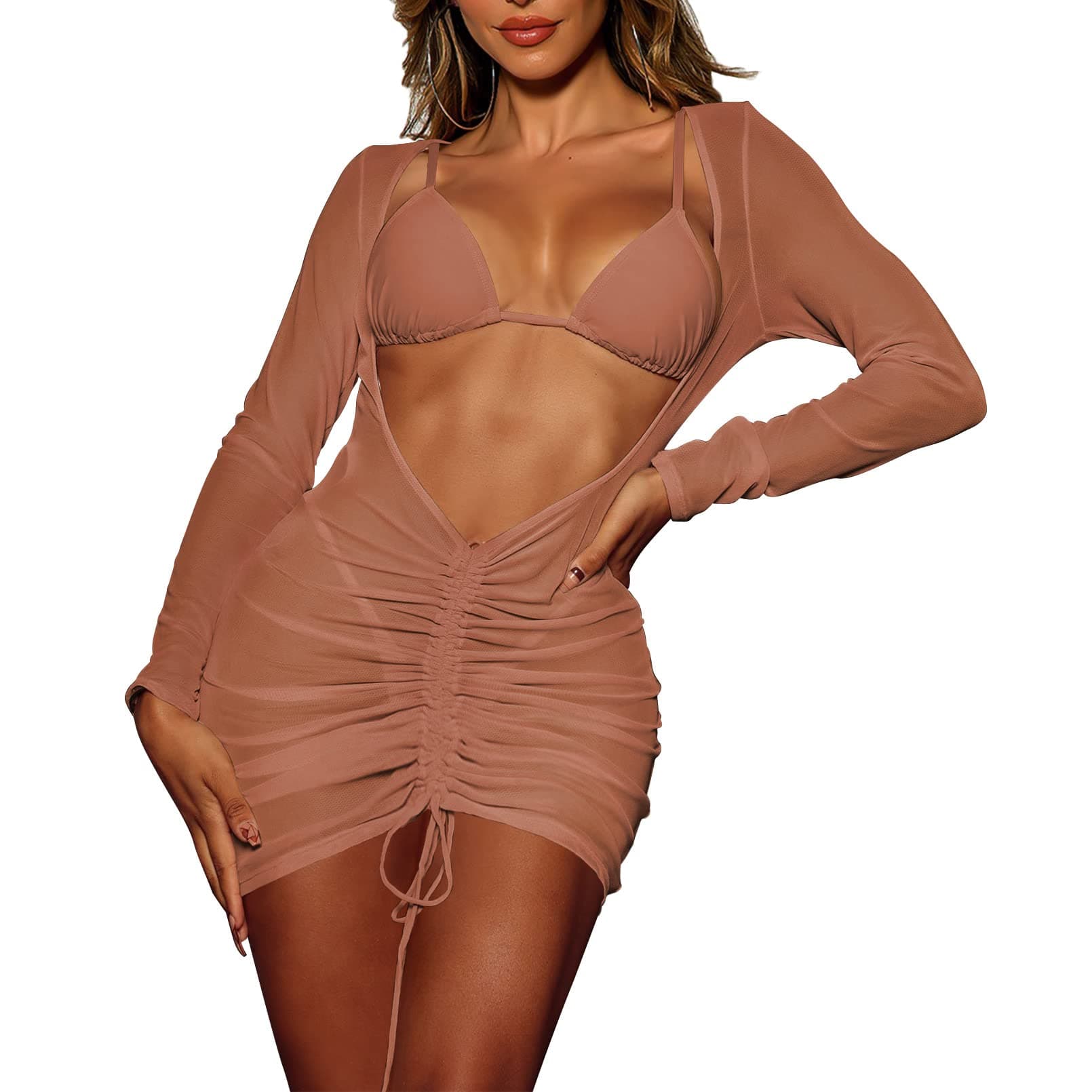 Viottiset Women's Mesh Ruched Swimsuit Cover Up Dress