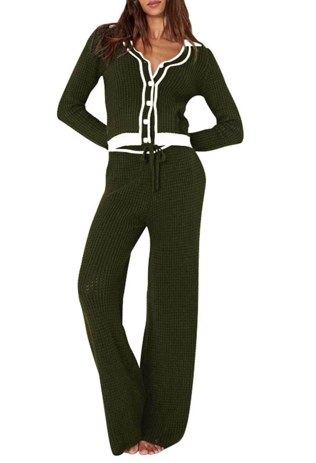 Women's 2 Piece Lounge Set, Long Sleeve Button Sweatshirt and Wide Leg Sweatpants