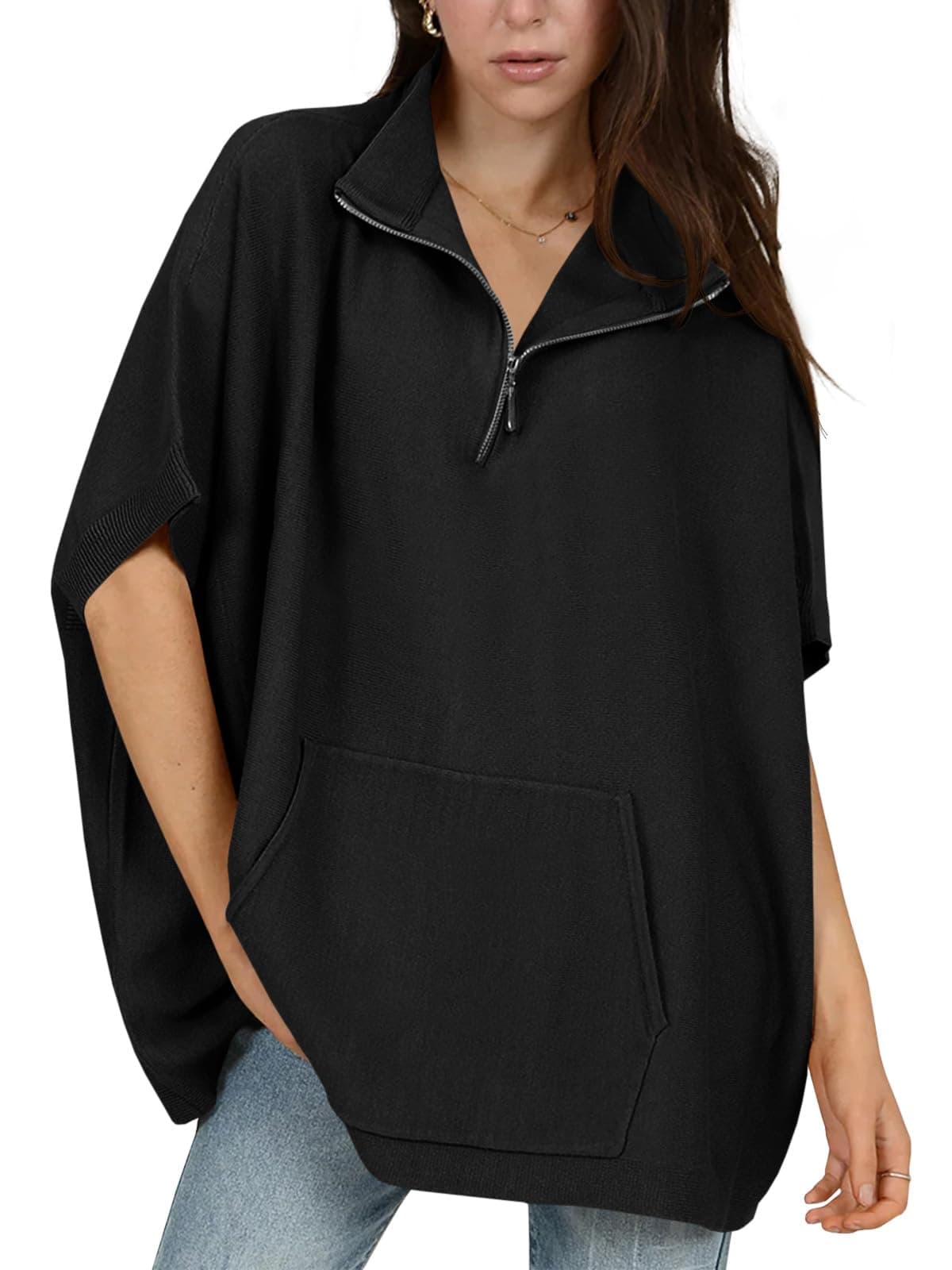 Langwyqu Women's Oversized Half Zip Batwing Sweater with Pocket