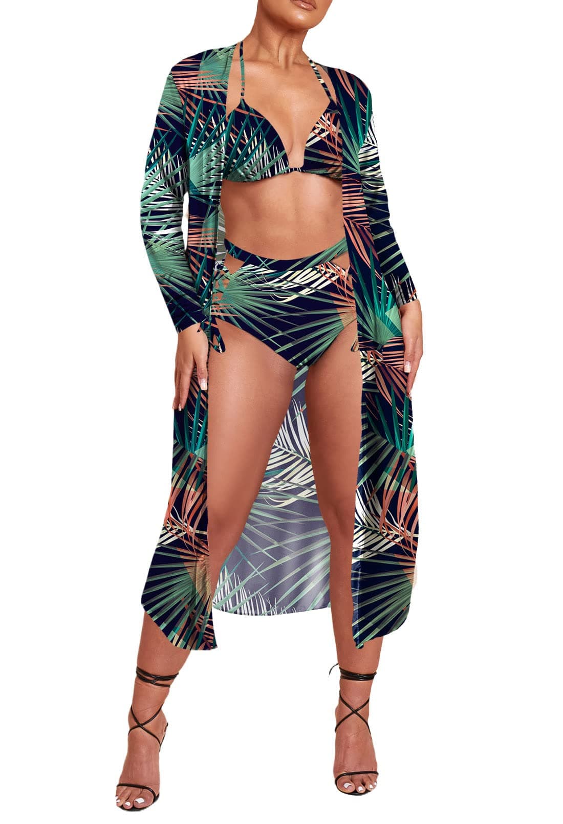 Women's Printed 3 Piece High Waist Bikini Maxi Swimsuit Cover Up