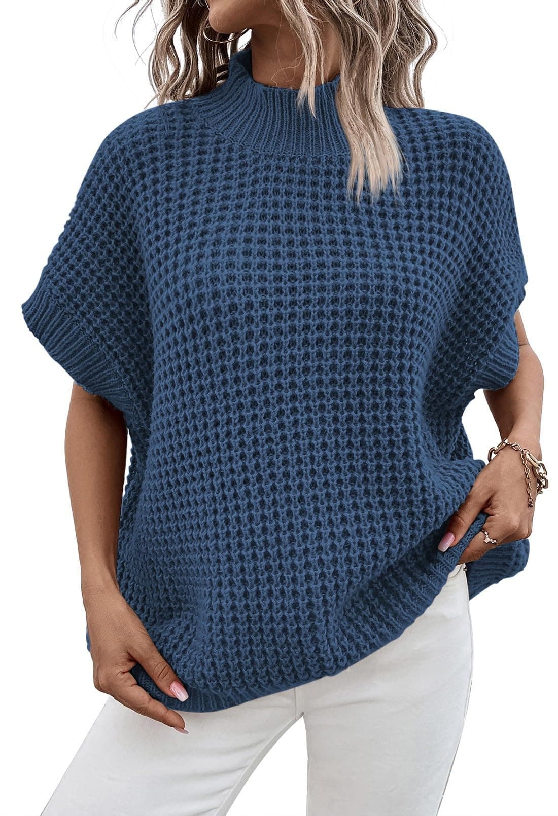 Viottiset Women's Mock Neck Batwing Sleeve Vest Sweater - Dark Blue S