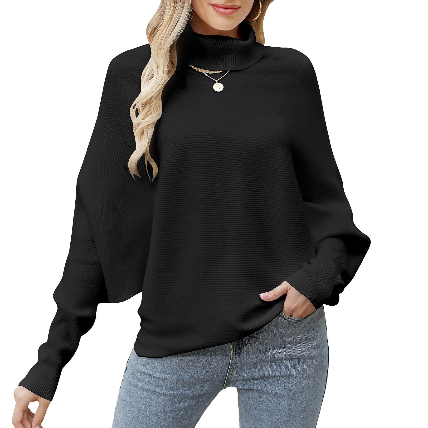 Women's Plus Size Turtleneck Sweater with Batwing Sleeves